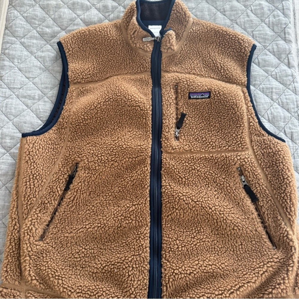 Patagonia Tan Fleece Vest with Stand-Up Collar